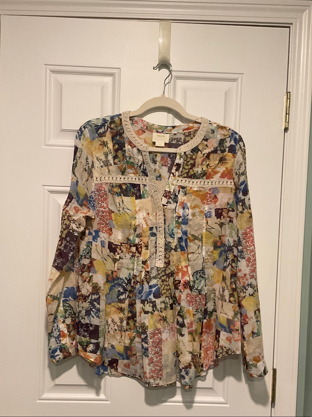 Maeve Multi-Color Floral Lace-Trim Button Blouse